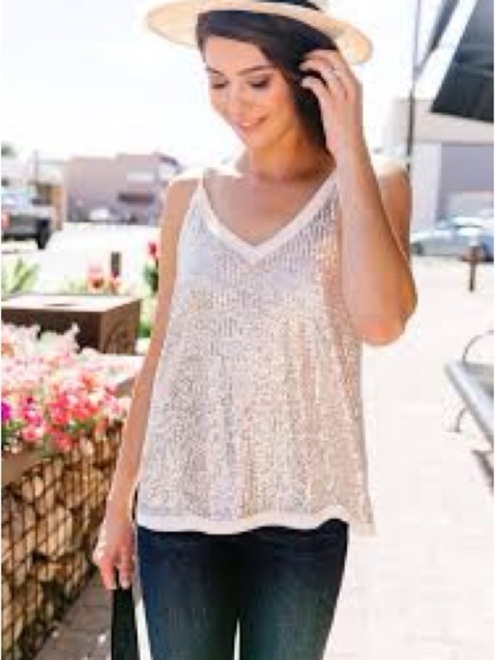 Entro Cream Sequin V-Neck Sleeveless Tank Top, Size XL